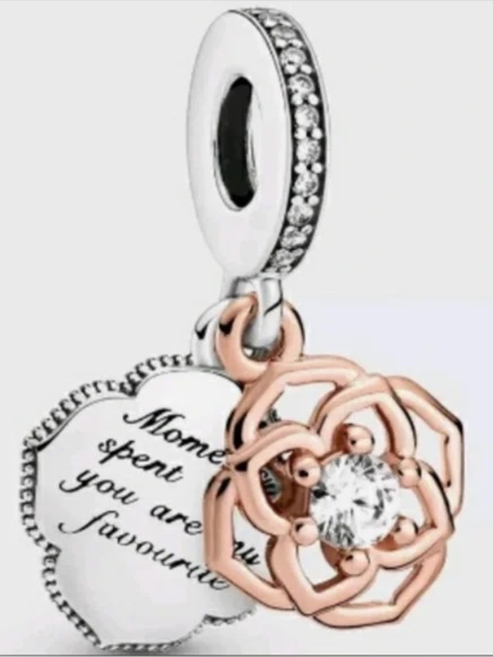 Pandora Charm: Rose Gold Flower & Silver Charm Dangle Pendant - Women Jewelry